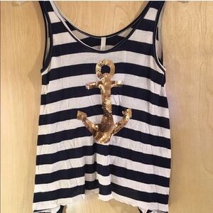 Paper Crane Navy and White Striped Tank with Gold Anchor